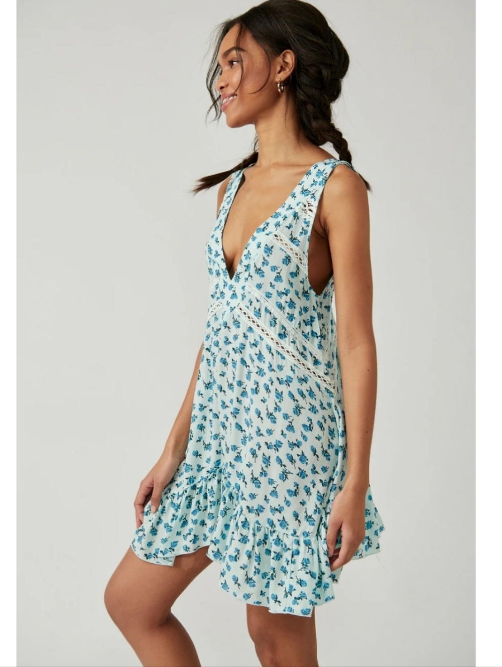 Free People Let It Happen Mint Blue Combo Floral Sleeveless Slip Mini Dress